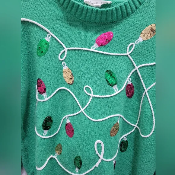 Christmas Vine & Love Sequin Lightbulb Green Sweater Size S - Picture 3 of 5